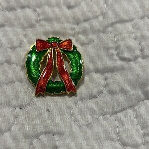 Festive Wreath Brooch with Red Bow